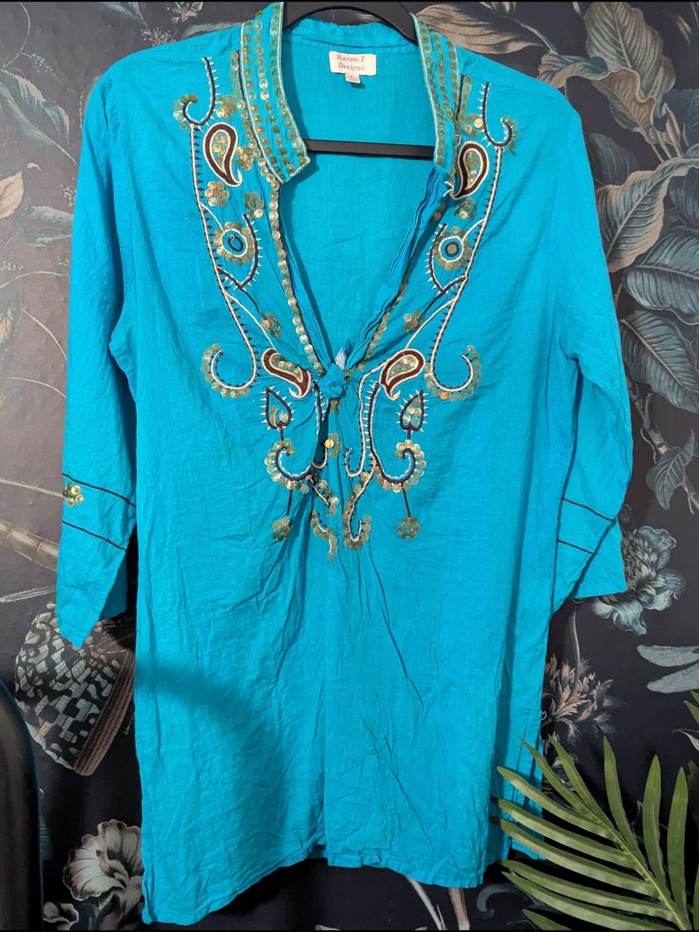 Karen-T Designs Turquoise Blue Sequin Paisley Embroidered Cotton Tunic Top Large